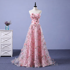 Pink Long A-Line Flowers Evening Dresses, Pink Party Dresses Evening Prom Dresses