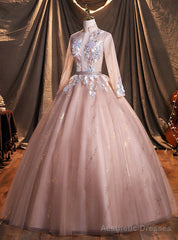 Pink Long Sleeve Appliques Quinceanera Dresses