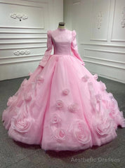 Pink Long Sleeve High Neck Prom Dress