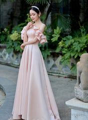 Pink Off Shoulder A-line Satin Long Party Dress, Pink Prom Dress Evening Dress