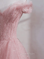 Pink Off Shoulder Tulle Tea Length Evening Prom Dresses, Pink Tulle Evening Dresses