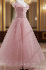 Pink Off Shoulder Tulle Tea Length Evening Prom Dresses, Pink Tulle Evening Dresses