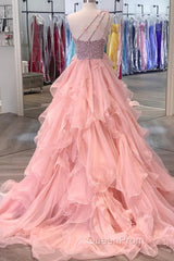Pink Evening Prom Dresses A Line One Shoulder Long Party Evening Dresses with Beading Ruffles