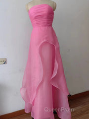 Pink Evening Prom Dresses Tulle Evening Gown Strapless Ruffles A-line Simple Evening Prom Dresses For Teens