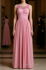 Pink round neck tulle lace long Evening Prom Dresses, pink lace bridesmaid Dresses