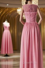 Pink round neck tulle lace long Evening Prom Dresses, pink lace bridesmaid Dresses