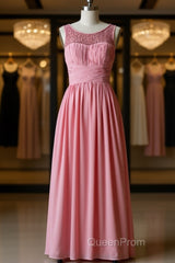 Pink round neck tulle lace long Evening Prom Dresses, pink lace bridesmaid Dresses