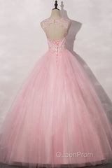 Pink round neck tulle lace long Evening Prom Dresses pink tulle formal Dresses