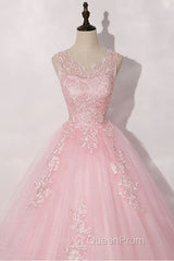 Pink round neck tulle lace long Evening Prom Dresses pink tulle formal Dresses