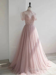 Pink Round Neck Tulle Sequin Long Evening Prom Dresses Formal Dresses Short Sleeves December Wedding Guest Dresses