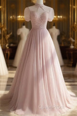 Pink Round Neck Tulle Sequin Long Evening Prom Dresses Formal Dresses Short Sleeves December Wedding Guest Dresses