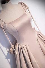 Pink Satin Long A-Line Evening Prom Dresses, Pink Spaghetti Straps Party Dresses With Bow