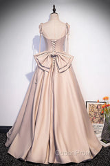 Pink Satin Long A-Line Evening Prom Dresses, Pink Spaghetti Straps Party Dresses With Bow