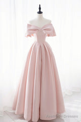 Pink Satin Long Prom Dress, Cute Off Shoulder Evening Dress