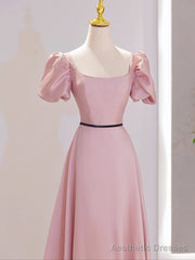 Pink Satin Short Sleeves A-line Party Dress, Pink Satin Prom Dress