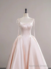 Pink Satin Straps Long Formal Dress with Bow, Pink Satin Prom Dress Party Dress