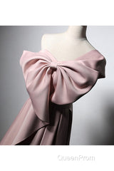 Pink Satin With Bow A-Line Long Evening Prom Dresses, Pink Satin Formal Dresses Party Dresses