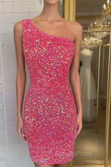 Pink Sequin One Shoulder Cutout Homecoming Dresses Gala Dresses Short