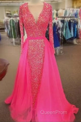 Pink Sequin Evening Prom Dresses Long Sleeves V Neck Evening Gowns With Train