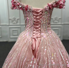 Pink Sequined Off the Shoulder Quinceaera Dress