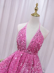 Pink Sequins Halter Backless Short Homecoming Dresses, Pink Short Evening Prom Dresses