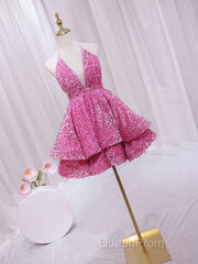 Pink Sequins Halter Backless Short Homecoming Dresses, Pink Short Evening Prom Dresses