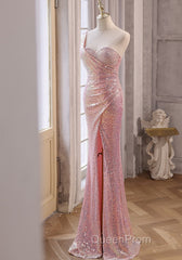 Pink Sequins Mermaid Sweetheart Long Evening Prom Dresses, Pink Sequins Evening Dresses