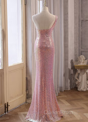 Pink Sequins Mermaid Sweetheart Long Evening Prom Dresses, Pink Sequins Evening Dresses