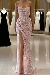 Pink Sequins Sleeveless Evening Dresses With Split