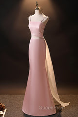Pink Simple Mermaid Straps Long Evening Dresses, Pink Formal Dresses Evening Prom Dresses
