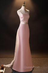 Pink Simple Mermaid Straps Long Evening Dresses, Pink Formal Dresses Evening Prom Dresses