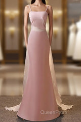 Pink Simple Mermaid Straps Long Evening Dresses, Pink Formal Dresses Evening Prom Dresses