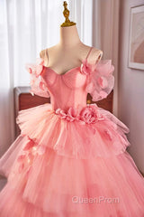 Pink Spaghetti Strap Tulle Long Evening Prom Dresses, Beautiful A-Line Formal Sweet 16 Dresses