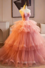 Pink Strapless Tulle Layers Ruffles Long Evening Prom Evening Dresses, Pink Sweet 16 Dresses