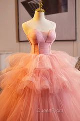 Pink Strapless Tulle Layers Ruffles Long Evening Prom Evening Dresses, Pink Sweet 16 Dresses