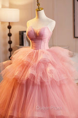 Pink Strapless Tulle Layers Ruffles Long Evening Prom Evening Dresses, Pink Sweet 16 Dresses