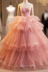 Pink Strapless Tulle Layers Ruffles Long Evening Prom Evening Dresses, Pink Sweet 16 Dresses