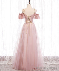 Pink Straps Lace Top Tulle Off Shoulder Party Dresses, Pink A-line Formal Dresses