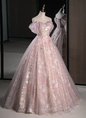 Pink Sweetheart Floral Lace And Tulle Evening Prom Dresses, Pink Sweetheart Long Party Dresses