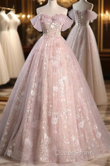 Pink Sweetheart Floral Lace And Tulle Evening Prom Dresses, Pink Sweetheart Long Party Dresses