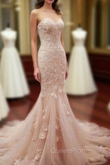 Pink Sweetheart Neck Tulle Mermaid Long Evening Prom Dresses, Wedding Dresses