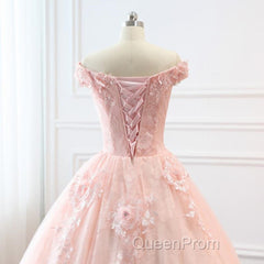 Pink Sweetheart Off Shoulder With Lace Long Sweet 16 Dresses, Pink Formal Dresses