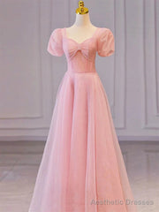 Pink Sweetheart Short Sleeves Long A-line Prom Dress, Pink Evening Gowns