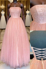 Pink tulle A-line long Evening Prom Dresses tulle formal Dresses