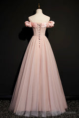 Pink Tulle Beaded Long A-Line Prom Dress, Pink Off the Shoulder Evening Dress