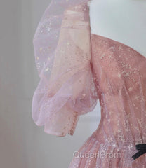 Pink Tulle Beautiful Puffy Sleeves Long Evening Prom Dresses, Pink A-Line Evening Dresses