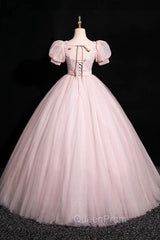 Pink Tulle Floral Floor Length Evening Prom Dresses, A-Line Short Sleeve Evening Dresses