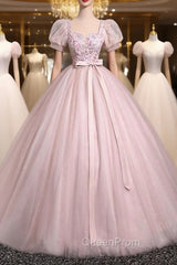Pink Tulle Floral Floor Length Evening Prom Dresses, A-Line Short Sleeve Evening Dresses
