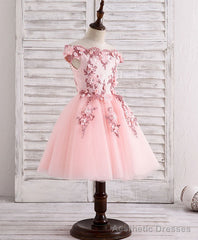 Pink Tulle Lace Applique Short Flower Girl Dresses