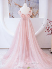Pink Tulle Lace Beads Long Evening Prom Dresses, Pink A Line Evening Dresses